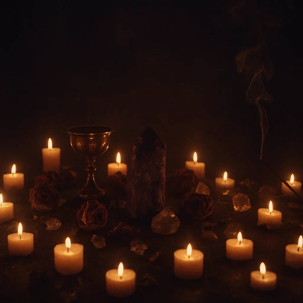 Altar ritual con numerosas velas encendidas en la oscuridad